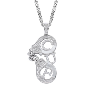 Hip hop handcuff pendant necklace with silver plating and micro-pave cubic zirconia