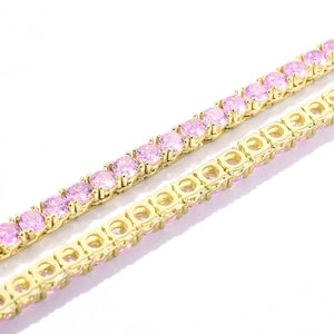 Golden tennis chain necklace with 4mm pink round-cut cubic zirconia in 4-claw setting