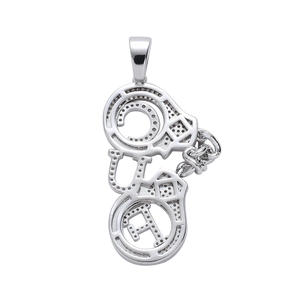 Iced out handcuffs pendant with micro paved cubic zirconia and letters in silver finish