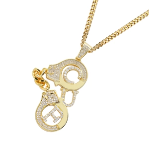 Gold-tone hip hop handcuff pendant necklace with CUE letters and micro-paved zircons