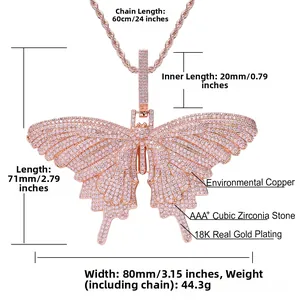 Dimensions du pendentif papillon rose avec mesures détaillées et poids total