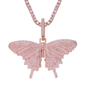 Collier Pendentif Papillon Iced Out pour Hommes Femmes Hip Hop Zirconia Rose Cuivre Plaqué Or Rose Bijoux Papillon