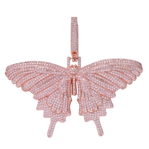 Pendentif papillon hip-hop en or rose avec zircons roses pour hommes et femmes unisexe