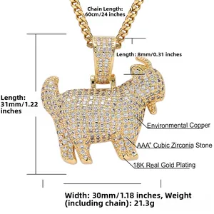 Macro detail of 18K gold plated goat pendant showing size dimensions and micro-pave zircons