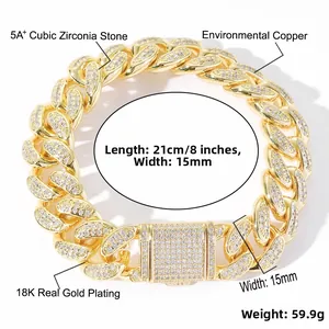 Détail du bracelet gourmette 15mm plaqué or 18K avec pierres de zircone 5A+