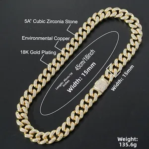 Détail de la chaîne cubaine 15mm plaquée or 18K avec zircone 5A+ et fermoir boîte