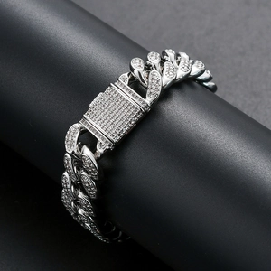 Bracelet gourmette 15mm argenté pour homme serti de zircons et fermoir robuste style hip hop