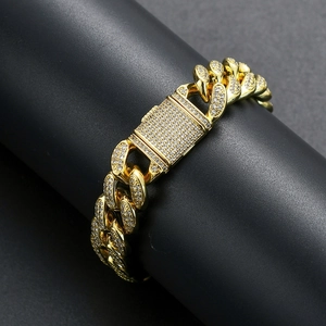 Bracelet gourmette 15mm doré pour homme avec cristaux style hip hop étincelant