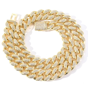 Collier chaîne cubaine 15mm pour homme style hip-hop plaqué or avec strass brillants pavés
