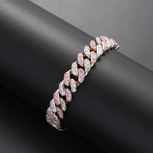 Bracelet Cuban Link 12mm bicolore serti de zircons cubiques roses et blancs scintillants
