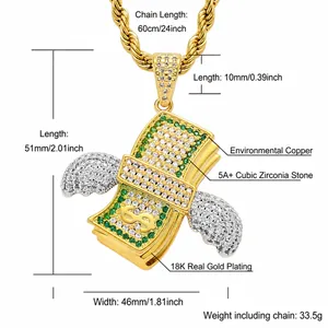 Detailed view of hip hop dollar sign pendant with wings and green zircon stones