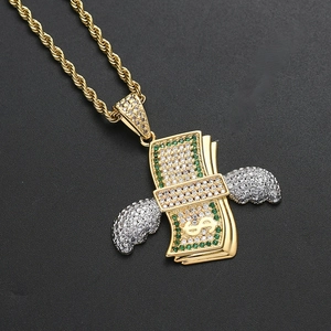 Iced out dollar sign pendant with wings on a golden rope chain for hip hop style fashion
