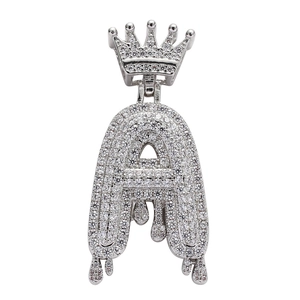 Hip hop crown letter A pendant with sparkling white cubic zirconia in silver finish