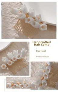 Détail d'un peigne à cheveux de mariée fait main avec tulipes blanches et perles