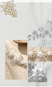 Detailed macro view of white floral bridal hair comb with crystals and pearls