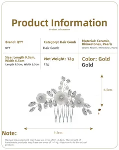 Detail view of handmade gold bridal hair comb with ceramic flowers and rhinestones