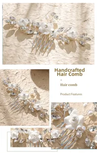 Macro view of bridal hair comb featuring white resin flowers, rhinestones, and pearls