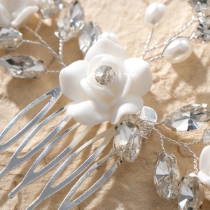 Elegant bridal hair comb with ceramic roses, pearls and crystals on silver wire