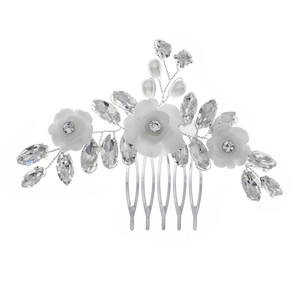 Exquisite bridal hair comb with white flowers, sparkling crystals and pearls on silver base