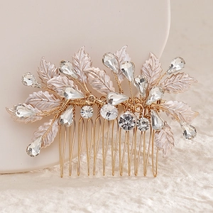 Handmade Alloy Leaf Bridal Hair Comb With Rhinestones Vintage Gold Pink Wedding Headpiece Jewelry For Women Banquet Accessories