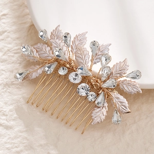Exquisite gold bridal hair comb with pink alloy leaves and sparkling crystals