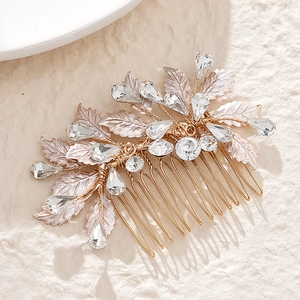 Exquisite gold alloy leaf bridal hair comb with pink metallic accents and clear rhinestones