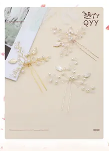 Trio de pics à cheveux de mariée en U faits main avec perles et feuilles métalliques