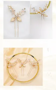 Détail d'épingle à cheveux de mariée avec perles, strass et feuilles dorées à la main
