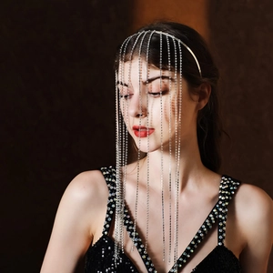 Serre-Tête de Luxe en Strass avec Longue Frange Couleur Argent pour Femme Chaîne de Cheveux en Cristal pour Mariage Fête Bijoux