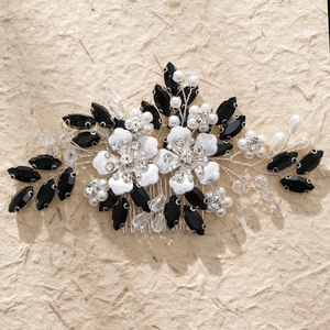 Handmade bridal hair comb with white resin flowers, black rhinestones, and pearls on silver wire