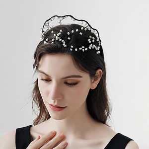 Serre-tête de Mariage Élégant Fait Main en Maille Noire avec Branches et Künstliche Perles Accessoires Cheveux pour Banquet Femme Couronne