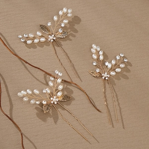 Lot de Pics à Cheveux de Mariée Faits Main Or Feuille Fausse Künstliche Perle Strass Epingles à Cheveux en U pour Mariage Fête Femme Bijoux