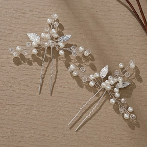 Épingles à cheveux mariée en U élégantes avec perles blanches, cristaux et feuilles argentées