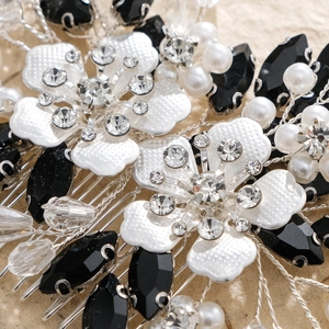 Handmade bridal hair comb with white flowers, black gems and pearls for wedding hairstyles