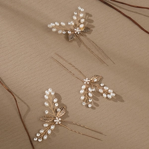 Lot de 3 épingles à cheveux de mariage dorées avec perles blanches et feuilles d'or