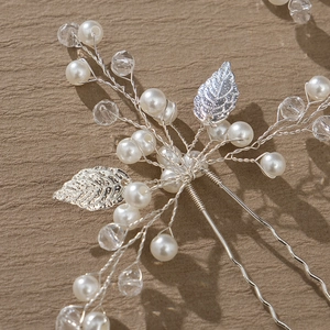 Épingle à cheveux mariée en U faite main avec cristaux, perles et feuilles argent