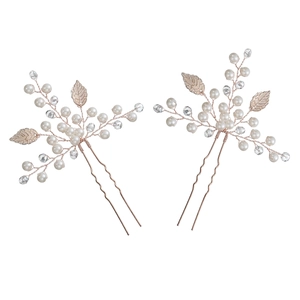Lot de deux épingles à cheveux de mariée or rose avec perles, cristaux et feuilles