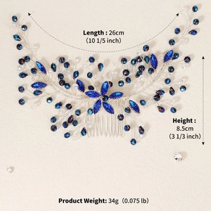 Detailed view of handmade blue crystal bridal hair comb with elegant marquise rhinestones