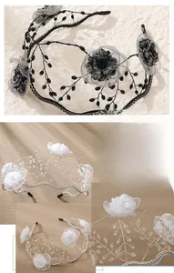Detail of handmade lace flower headband with crystal beads and intricate vine weaving