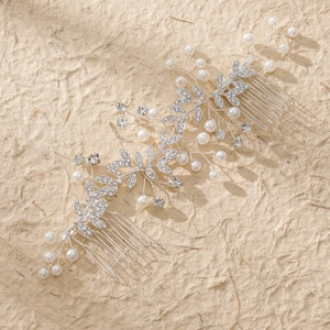 Peigne à cheveux de mariée argenté avec perles et feuilles en strass pour mariages