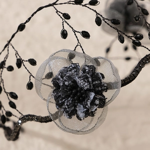 Elegant bridal floral headband with black crystal beads and lace mesh petals