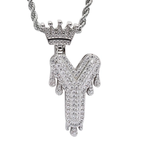Close-up of hip hop crown drip letter Y pendant with iced out cubic zirconia stones