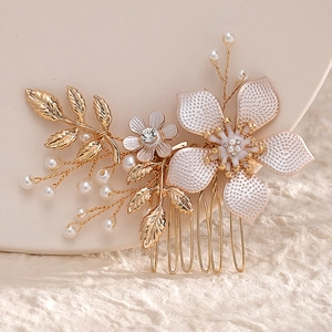Peigne à cheveux de mariée vintage avec fleurs en alliage doré et perles blanches chic