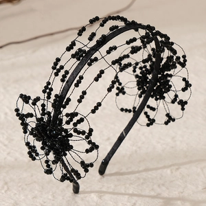 Elegant handmade black beaded headband with floral design and crystal accents for women