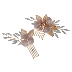 Set de peignes à cheveux de mariée fait main avec fleurs roses et feuilles dorées