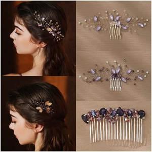 Handmade Vintage Bridal Hair Comb Purple Rhinestone Flower Leaf Hair Insert Gold Silver Wedding Hair Jewelry For Women