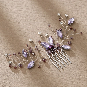 Elegant purple crystal bridal hair comb with silver wire and rhinestones for weddings