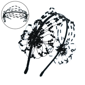 Elegant black beaded headband with layered mesh flower design for weddings and parties
