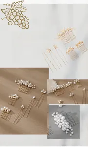 Detailed handcrafted bridal hair comb set with white pearls and gold wire floral motifs