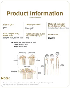 Detailed size specifications for 6-piece handmade gold bridal pearl hair comb and pin set